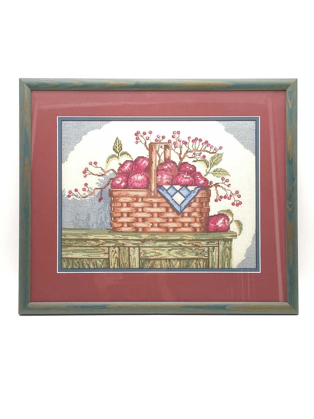 Framed Cross Stitch Apple Basket Needlepoint Country Farmhouse Wall Art